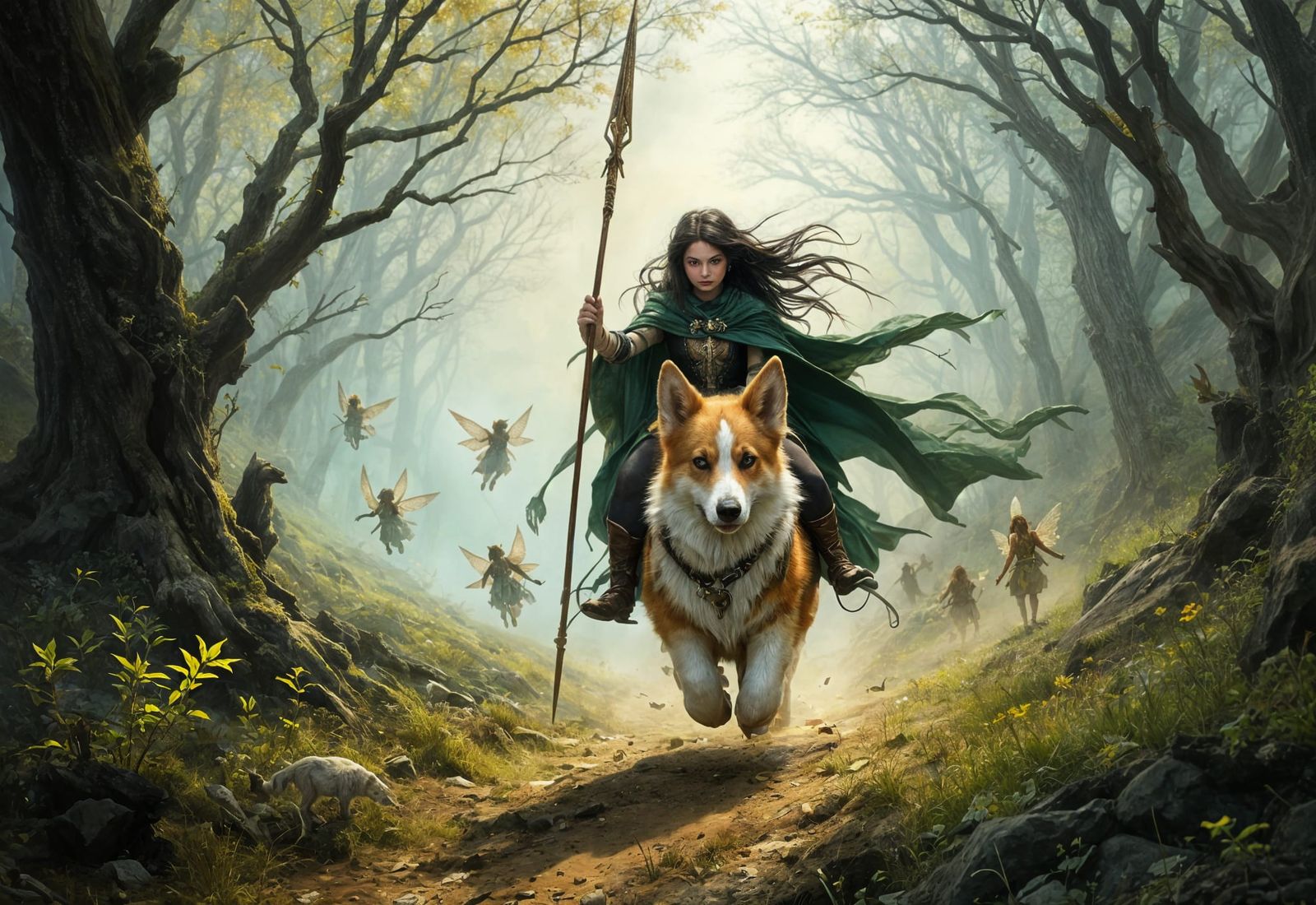 Faerie Queen Rides Corgi into War, Oil Painting