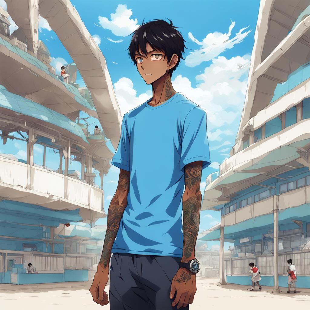 Tall Hawaiian Man with Tattoos in Anime Style