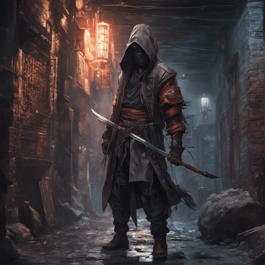 Fantasy Assassin in Back Alley, Dark Fantasy Art