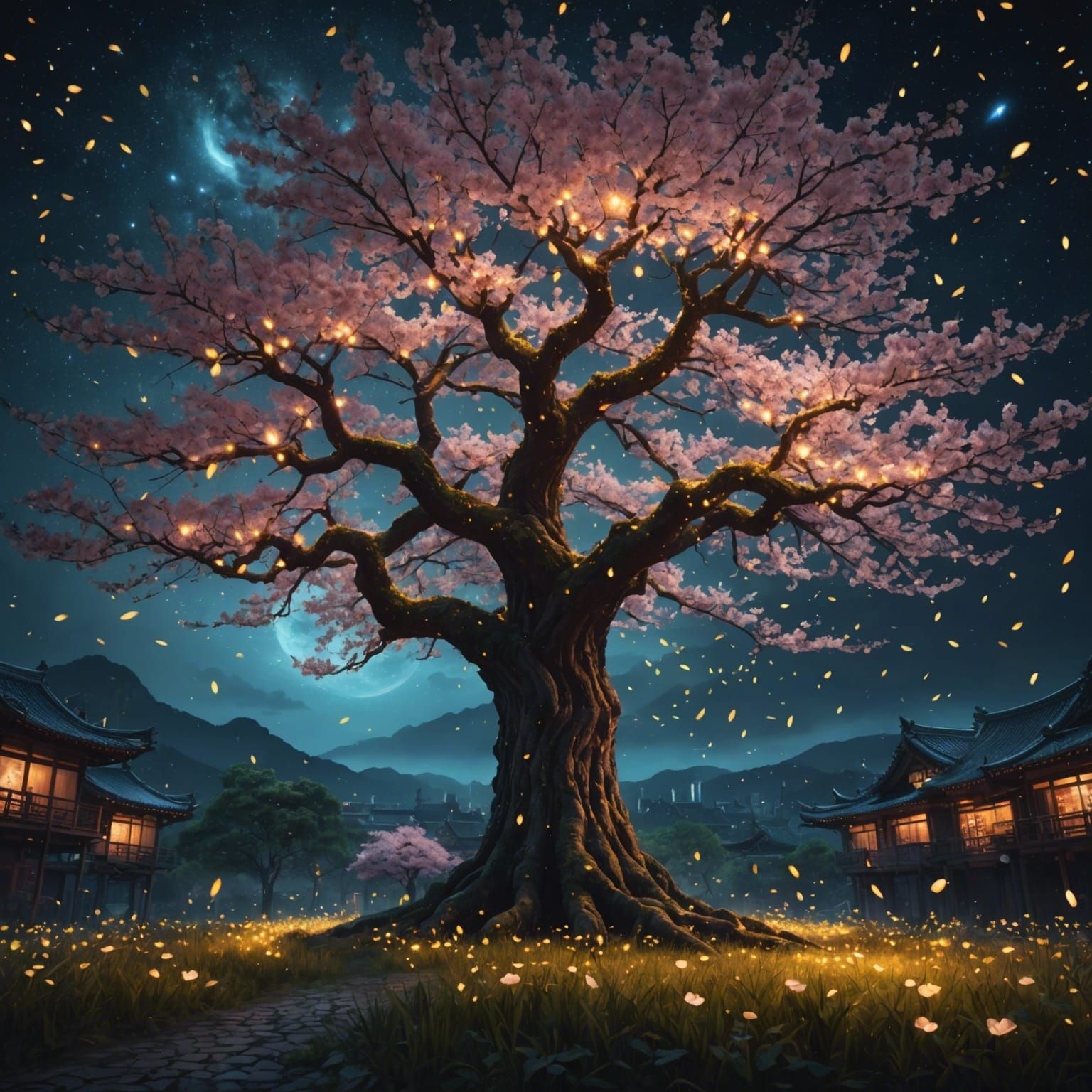 Glowing Sakura Tree at Night: Digital Matte Painting