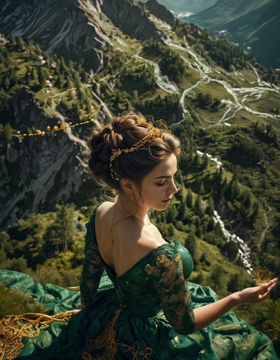 Epic Swiss Alps Landscape with Woman in Lace