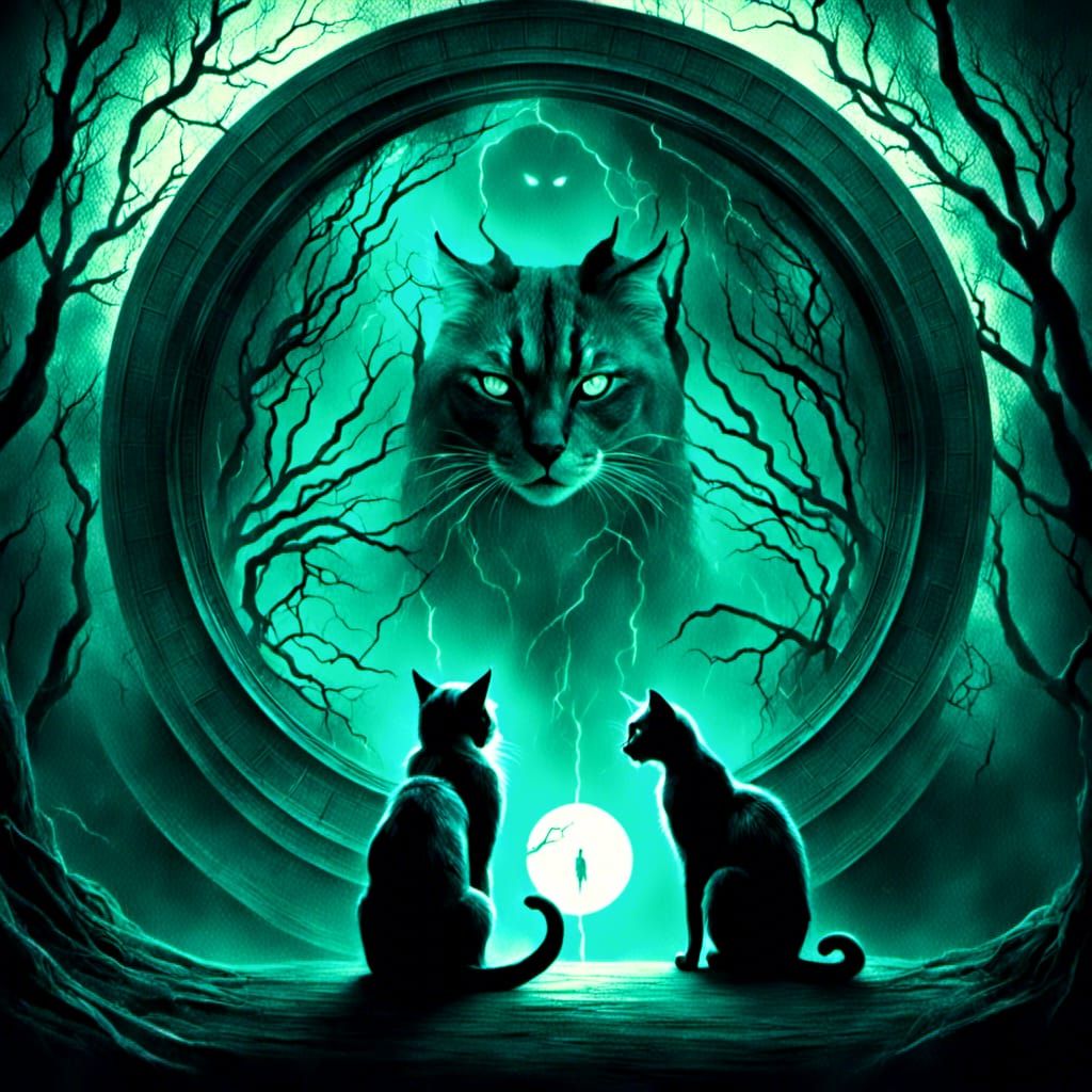 Cats Facing in a Glowing Forest Portal