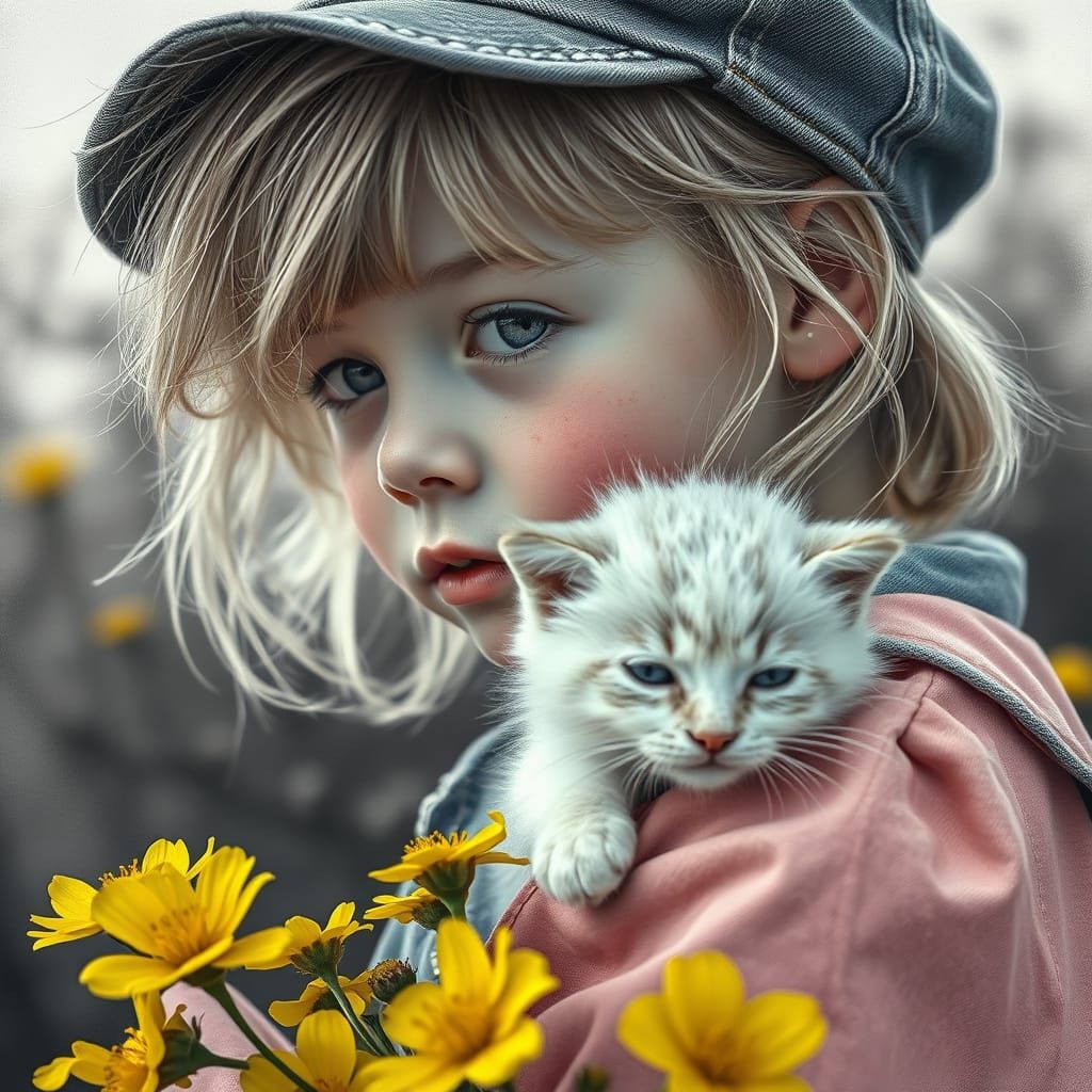 Little Girl with Fluffy Kitten in Close-Up Portrait