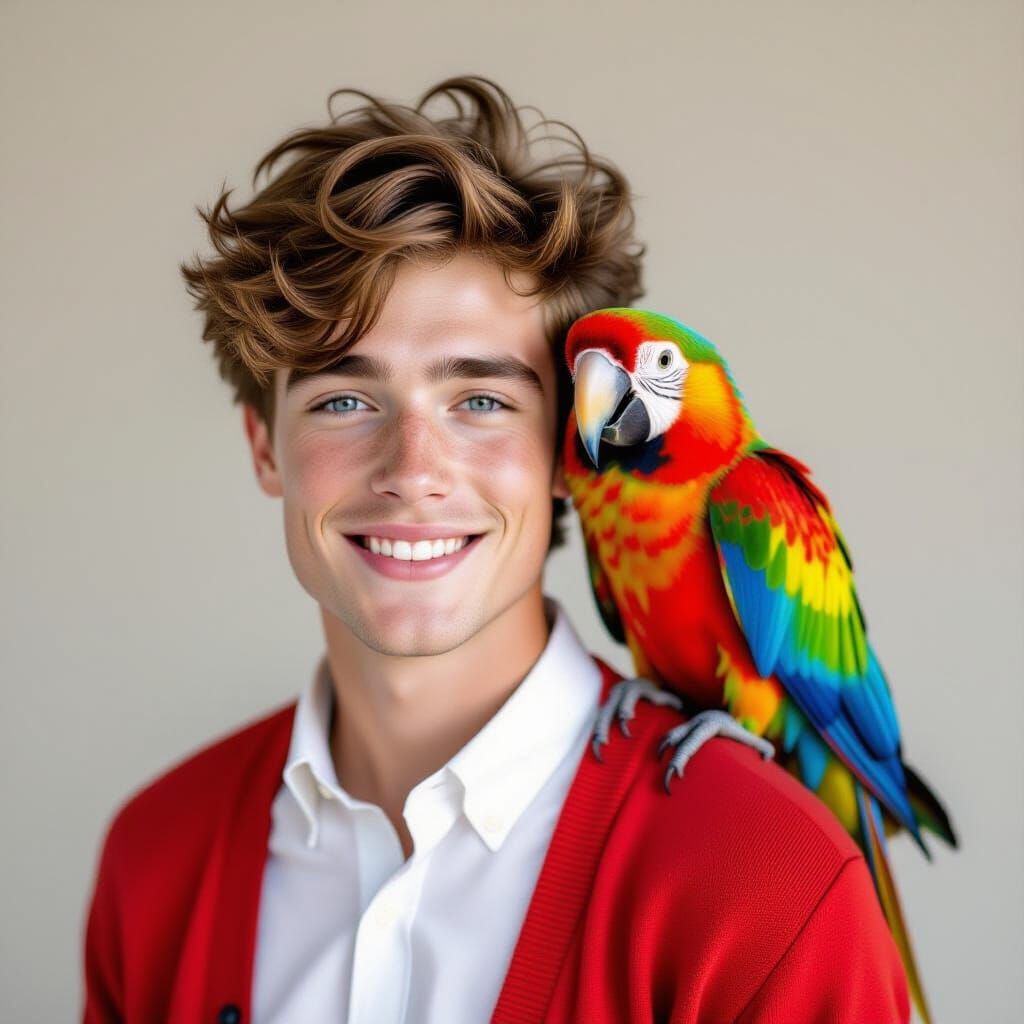 Young Man with Parrot on Shoulder, Hyperrealistic Cinematic ...