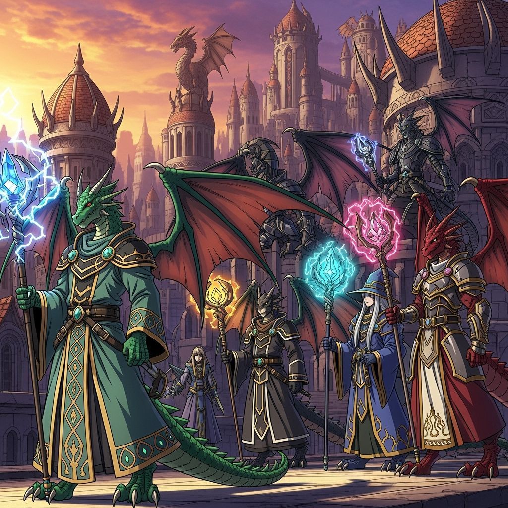 Draconic Humanoids in Grand City, Anime Style