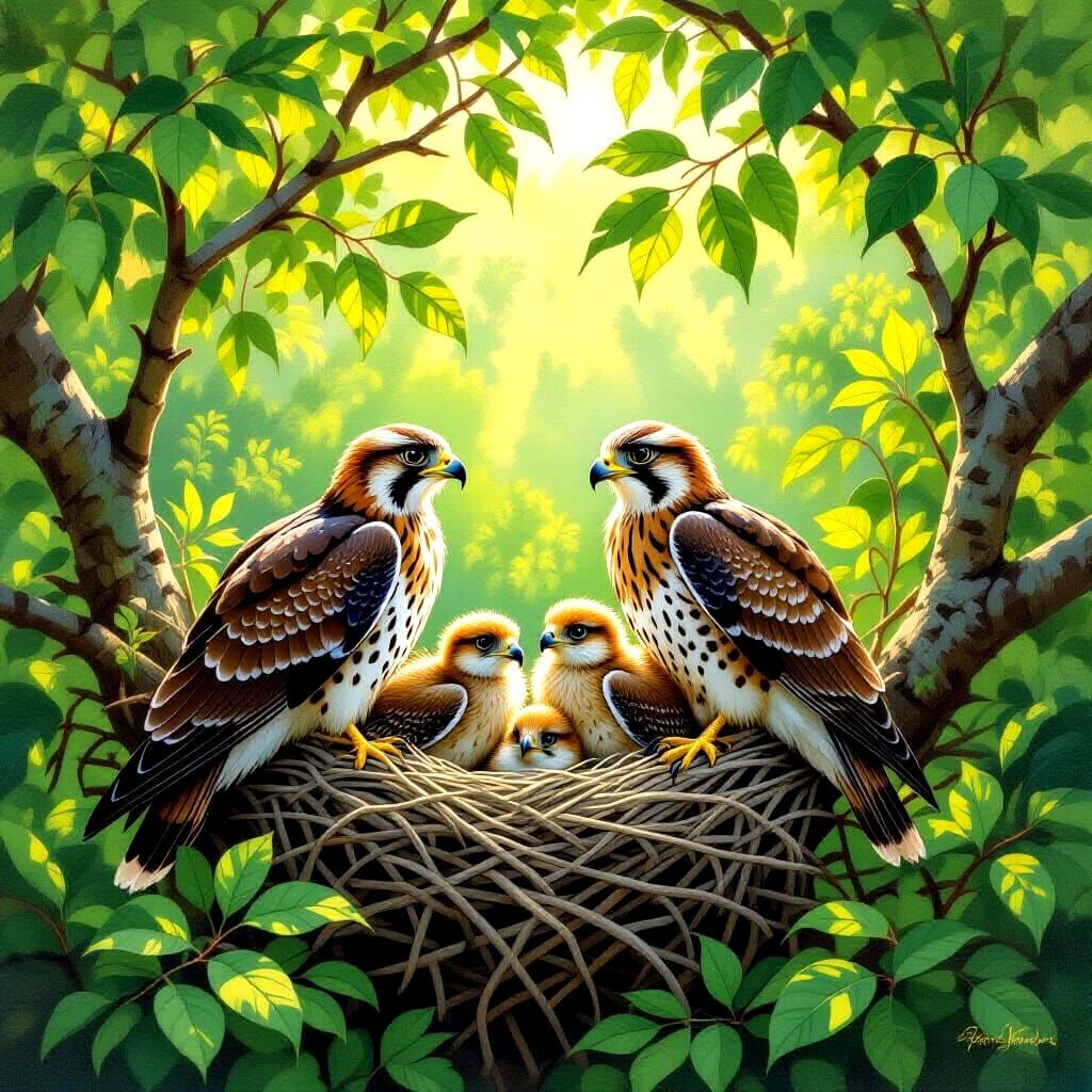 Falcons Guarding Nest with Chicks, Audubon-style