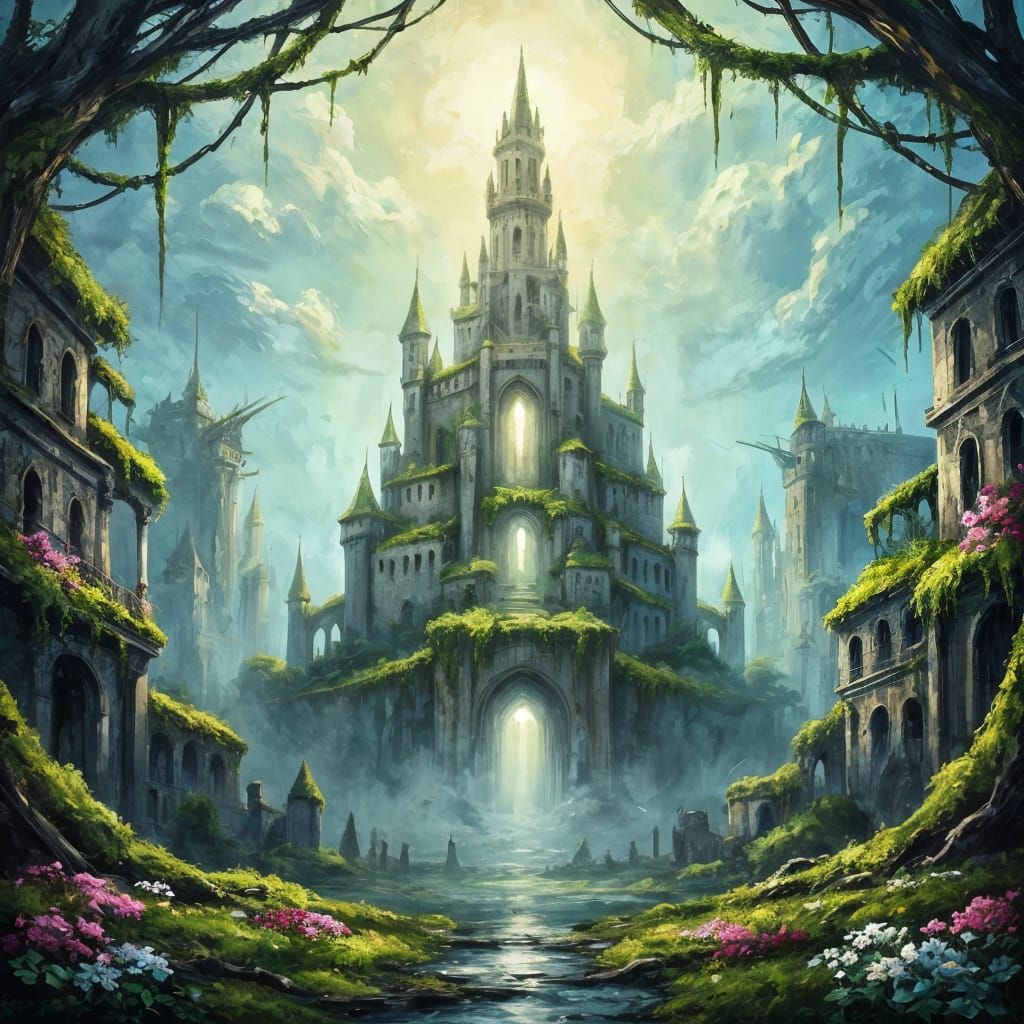 Abandoned Kingdom Castle in Glowing City as Impasto Painting