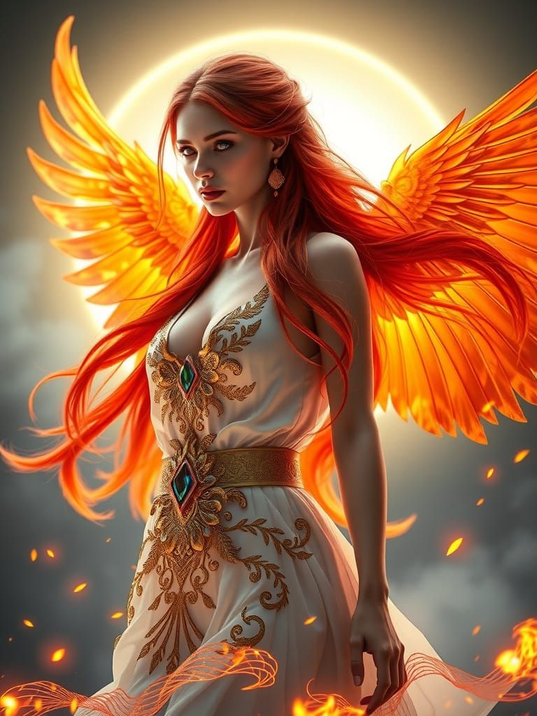 Fiery Phoenix-Angel Woman in Digital Painting Style