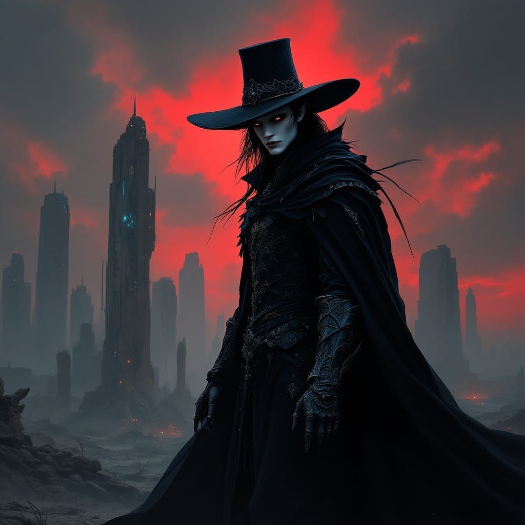Enigmatic Dhampir Warrior in Gothic Landscape