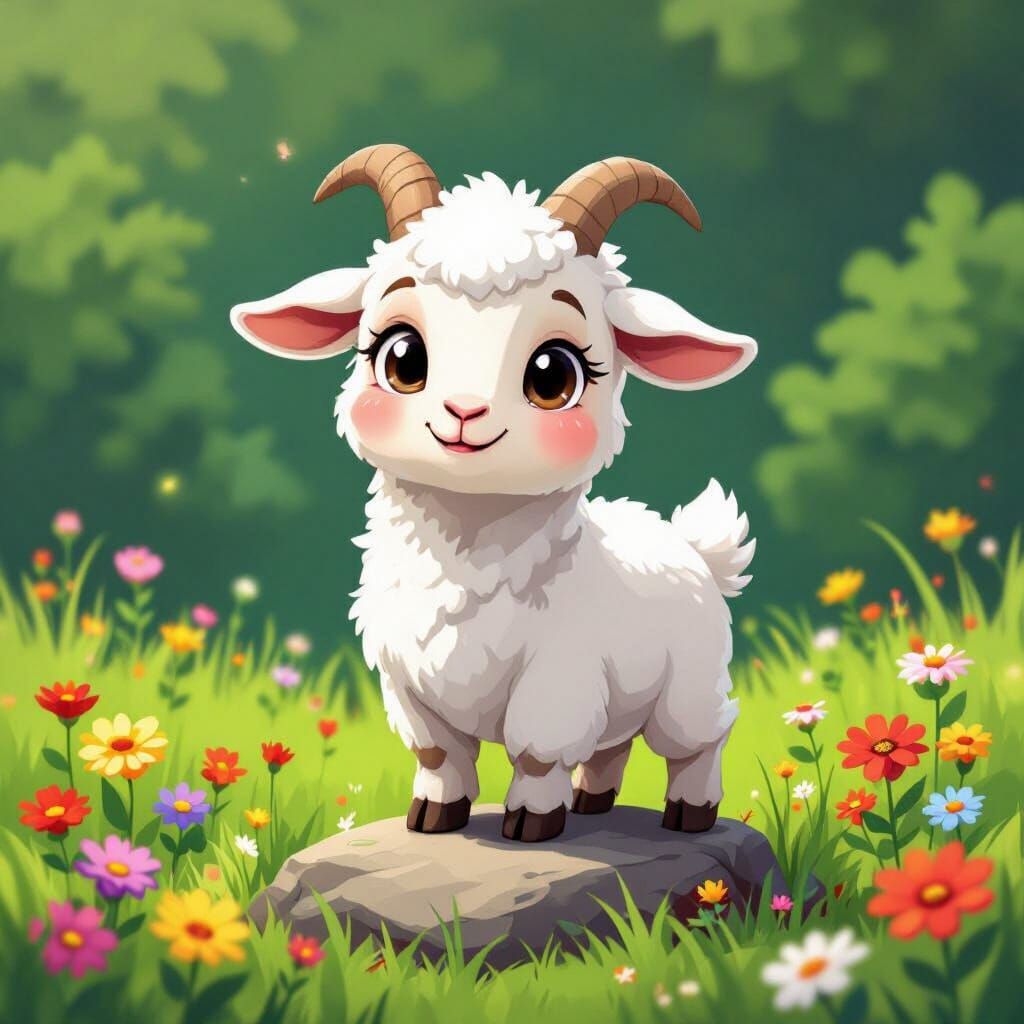 Friendly Cartoon Goat in Anime-Inspired Farm Scene