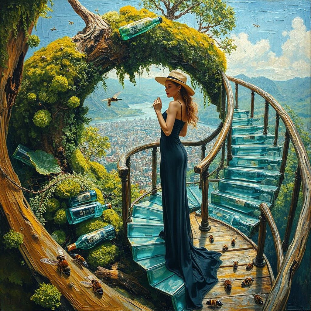 Fashionista on a Futuristic Staircase as Impasto Painting