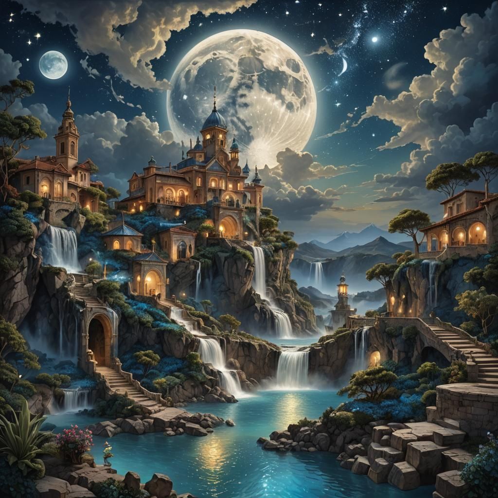 Magical Pearl City Reflecting Moon in Fantasy Sky