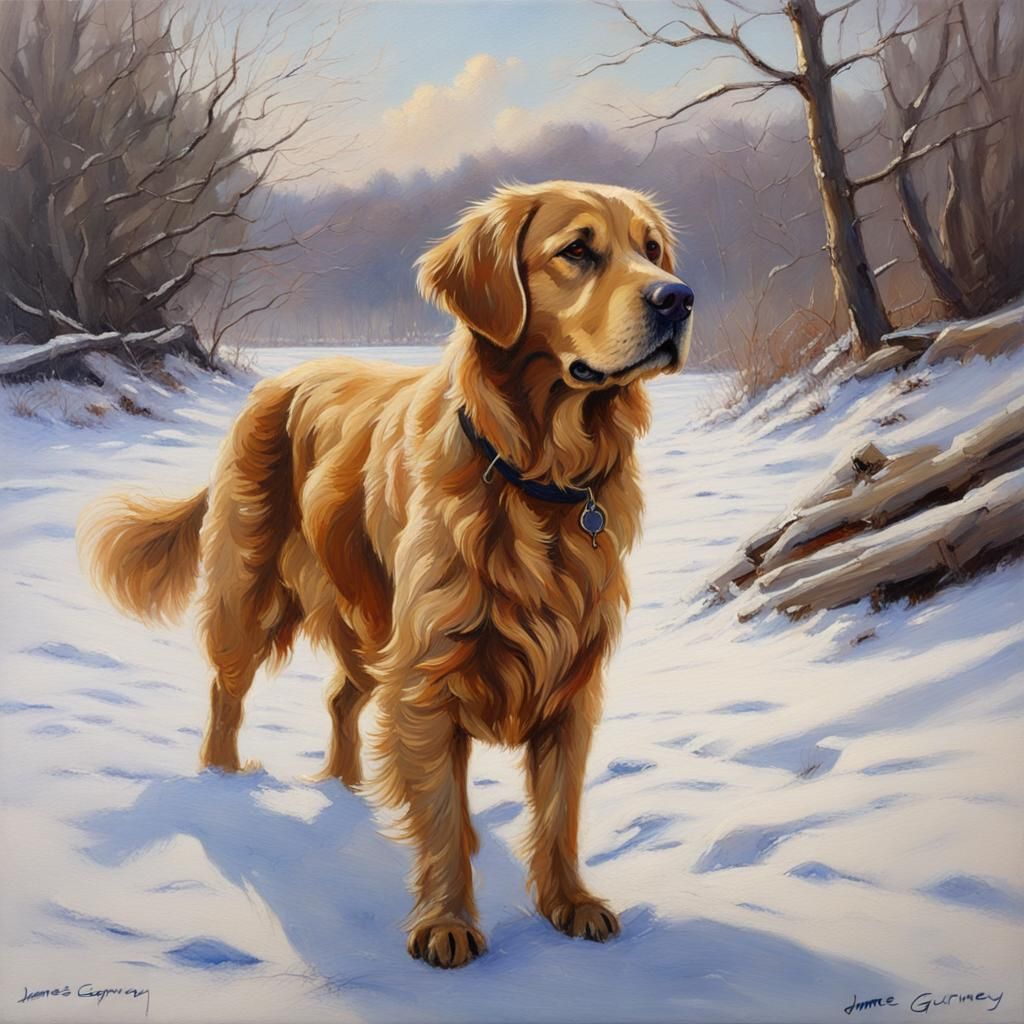 Golden Retriever in Winter: Oil Painting Style