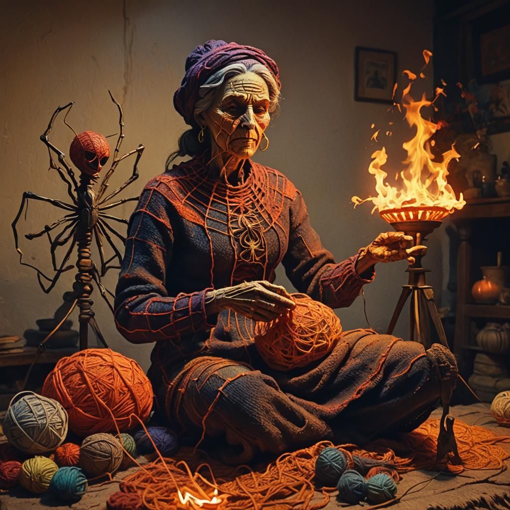 Spider Woman Knitting Statue in Fauvist Style