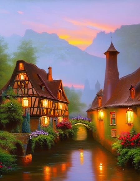 Colmar Village River Scene at Sunset