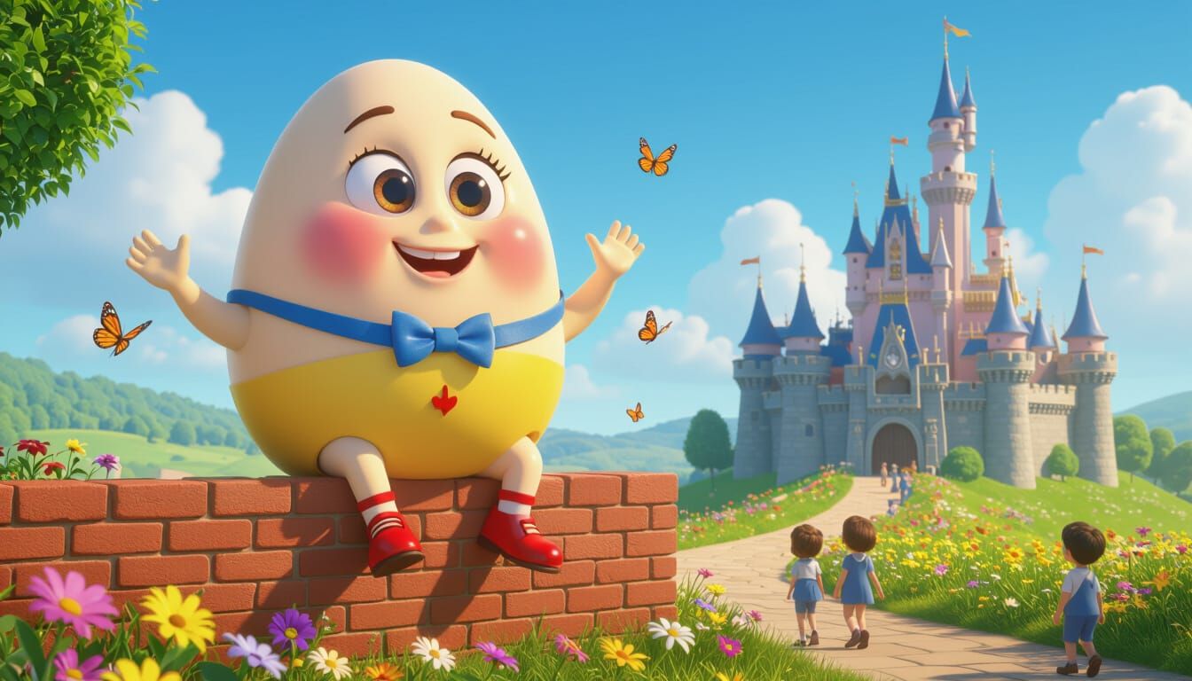 Cute Humpty Dumpty on Wall, Pixar Cartoon Style