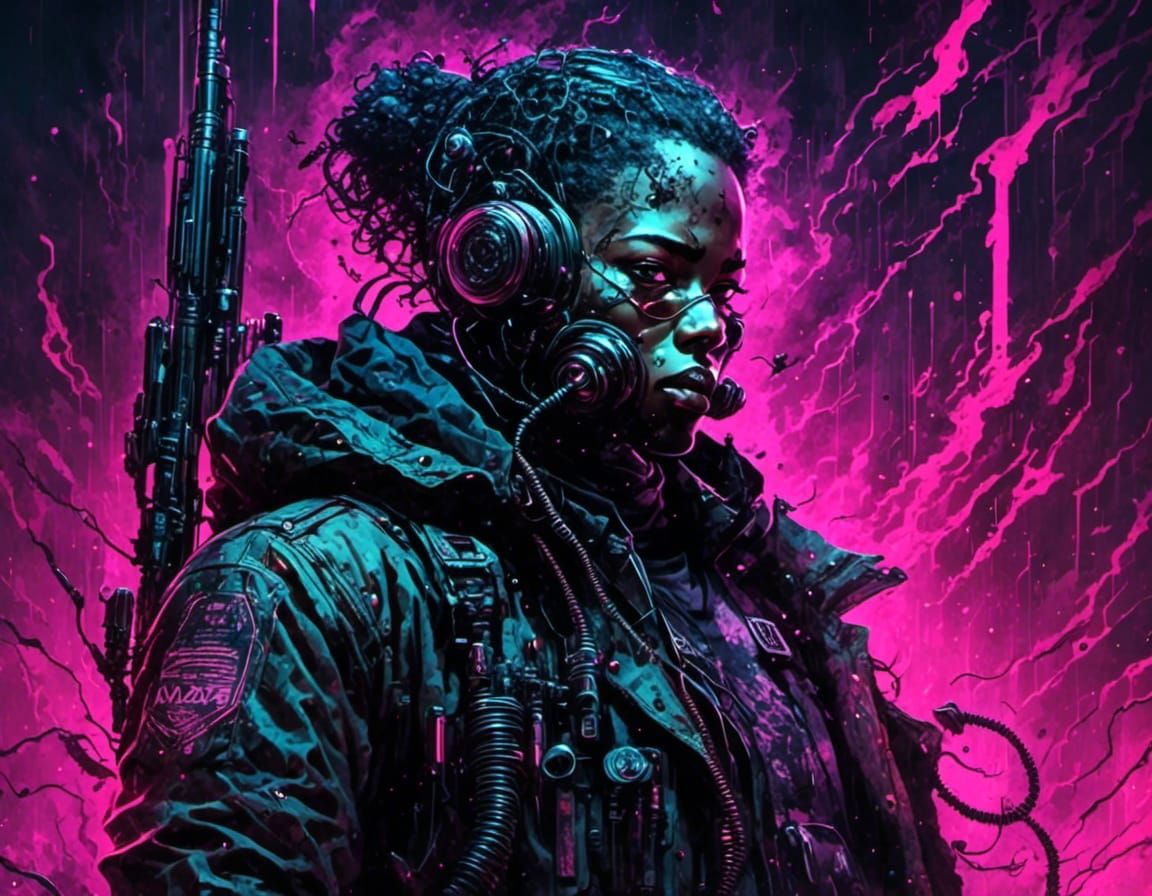 Ghostly Hunter with Rifle in Cyberpunk Style