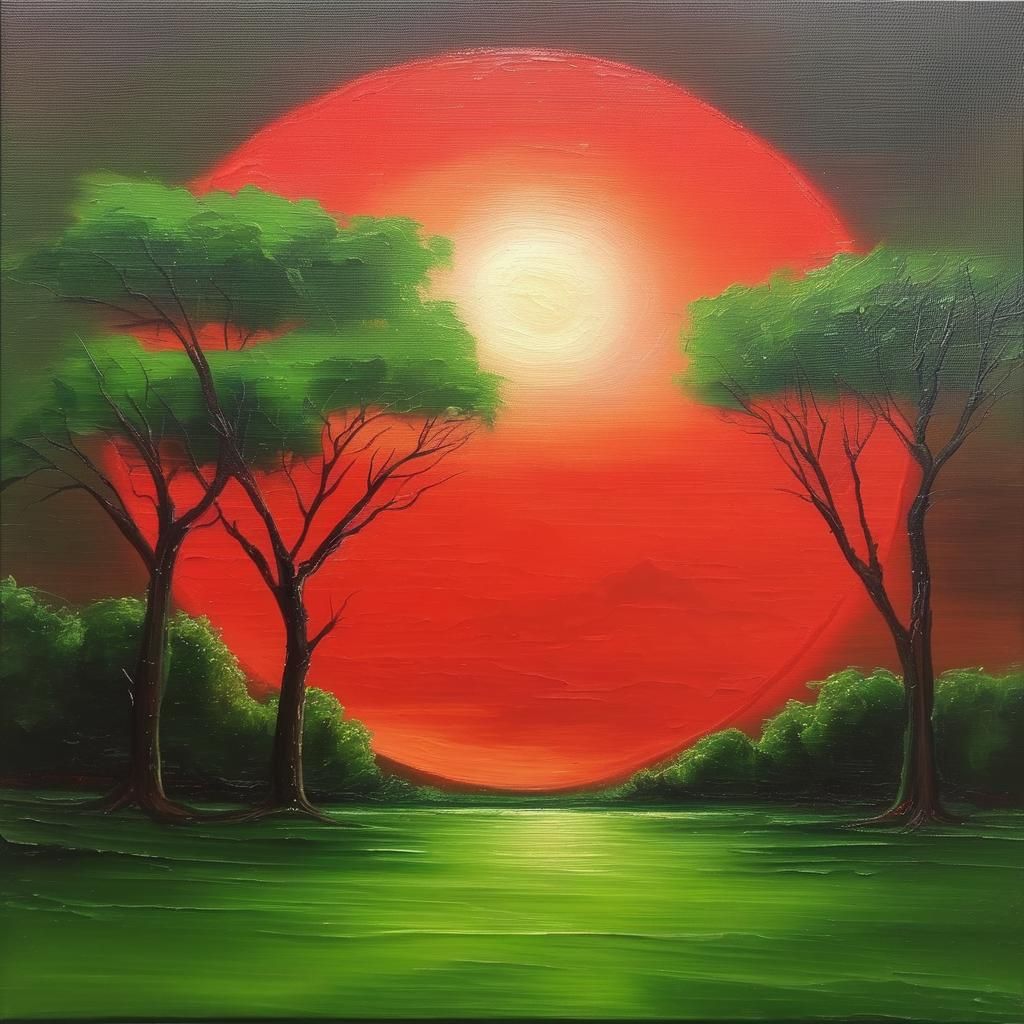 Red Sun Over Green Planet: Oil Painting