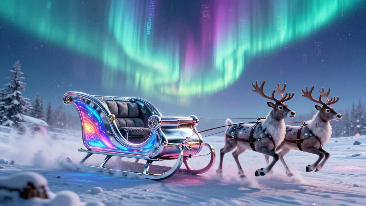 Cyberpunk Sleigh Pulled by Robotic Reindeer in Neon Winter