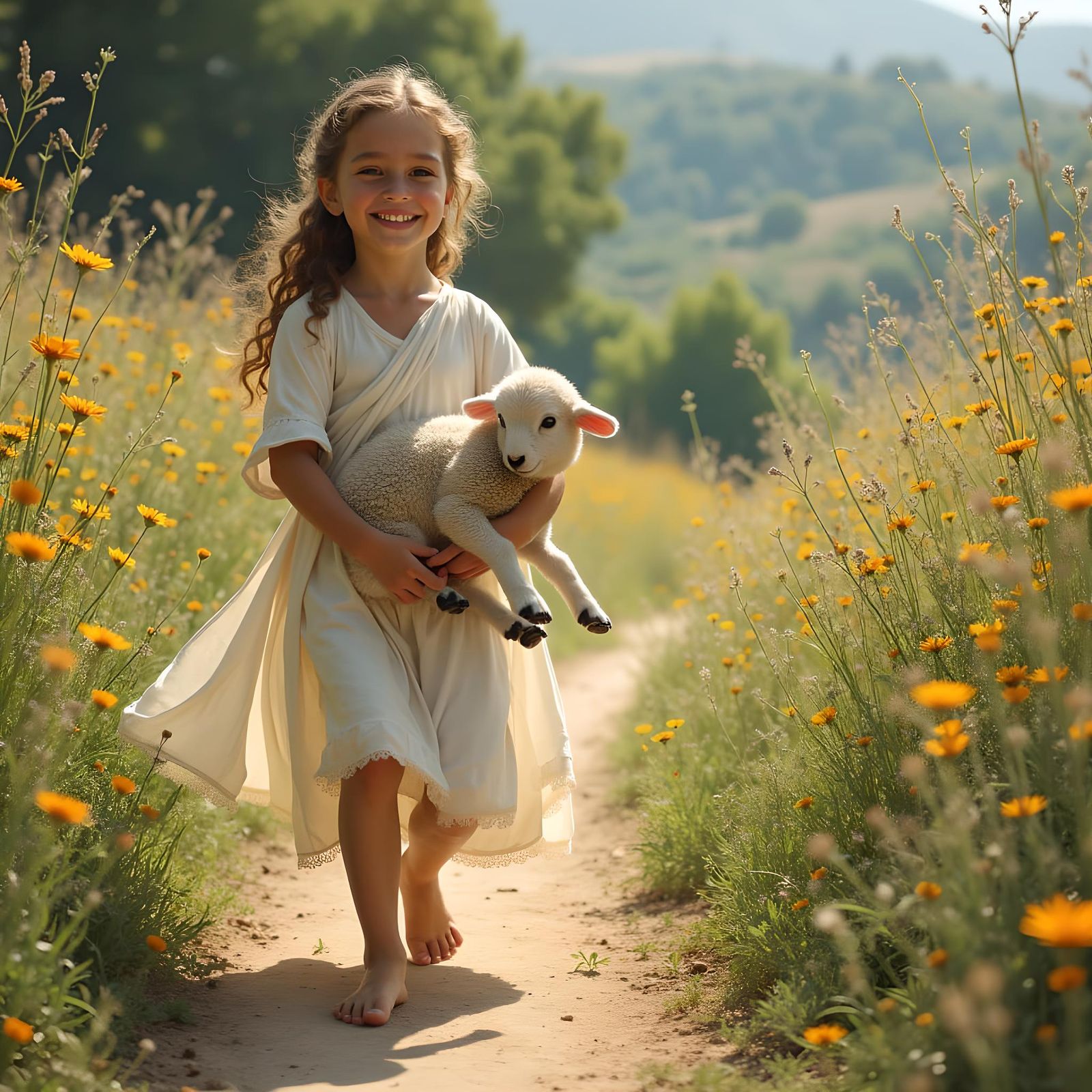 Girl and Lamb Stroll on Roman Path