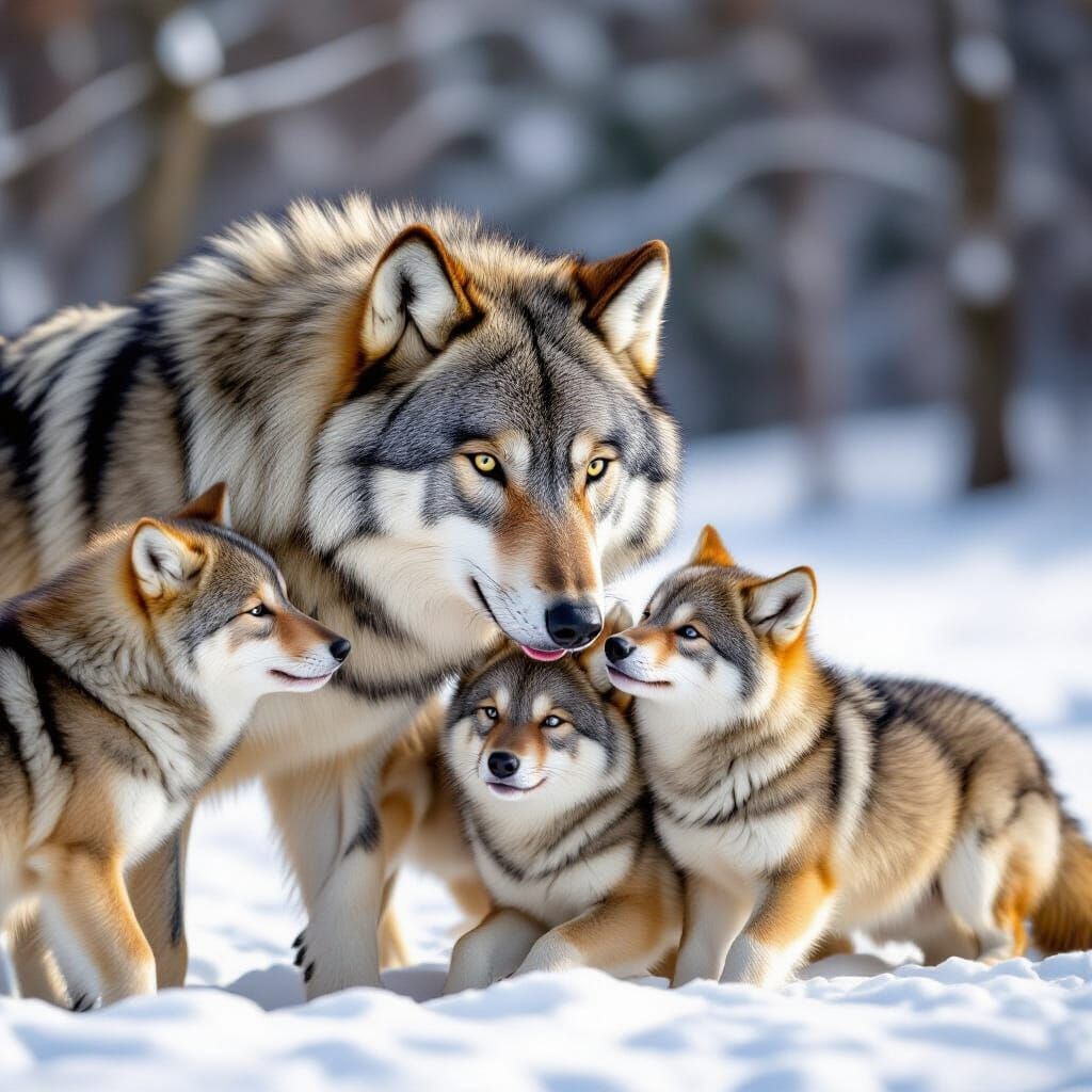 Wolf and Two Cubs in a Snowy Forest