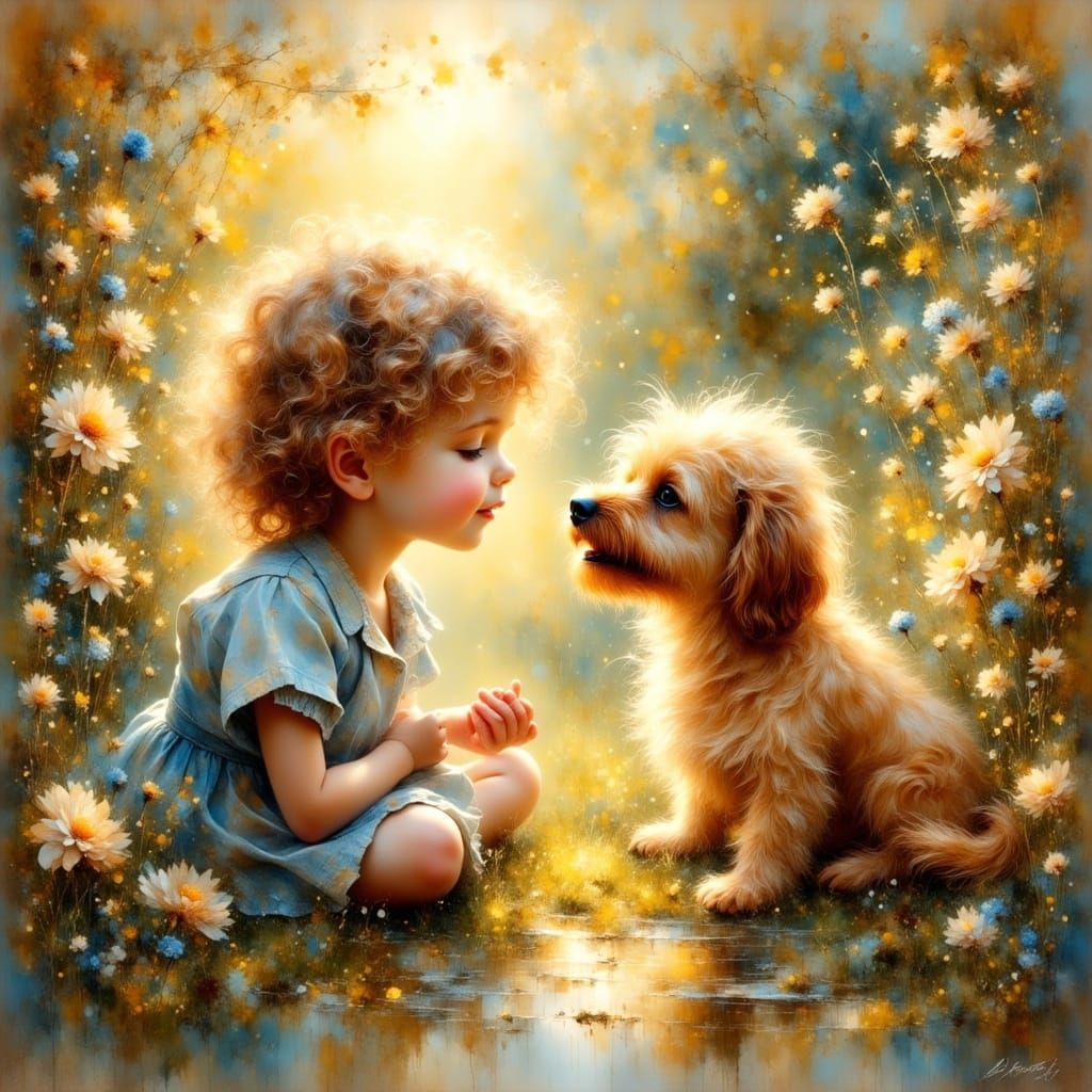 Dreamy Oil Painting of a Young Girl and Her Lovable Dog
