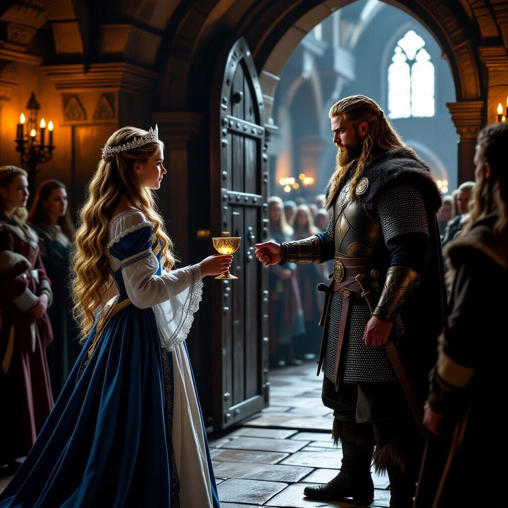 Medieval Girl Offers Goblet to Viking Lord in Castle Hall
