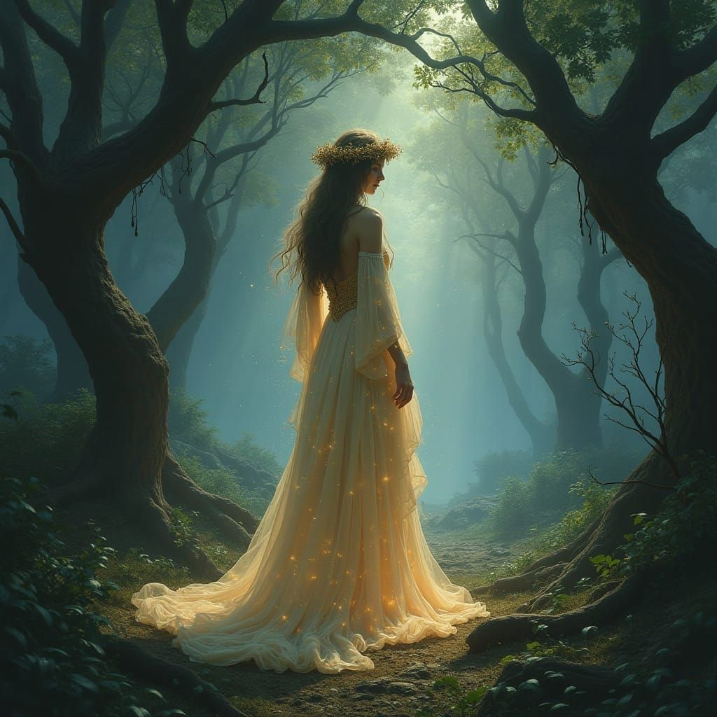 Sorceress in Starlit Grove, Art Nouveau Style