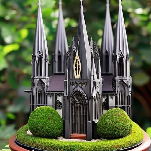 Gothic Cathedral and Bonsai Tree Miniature, Anime Style