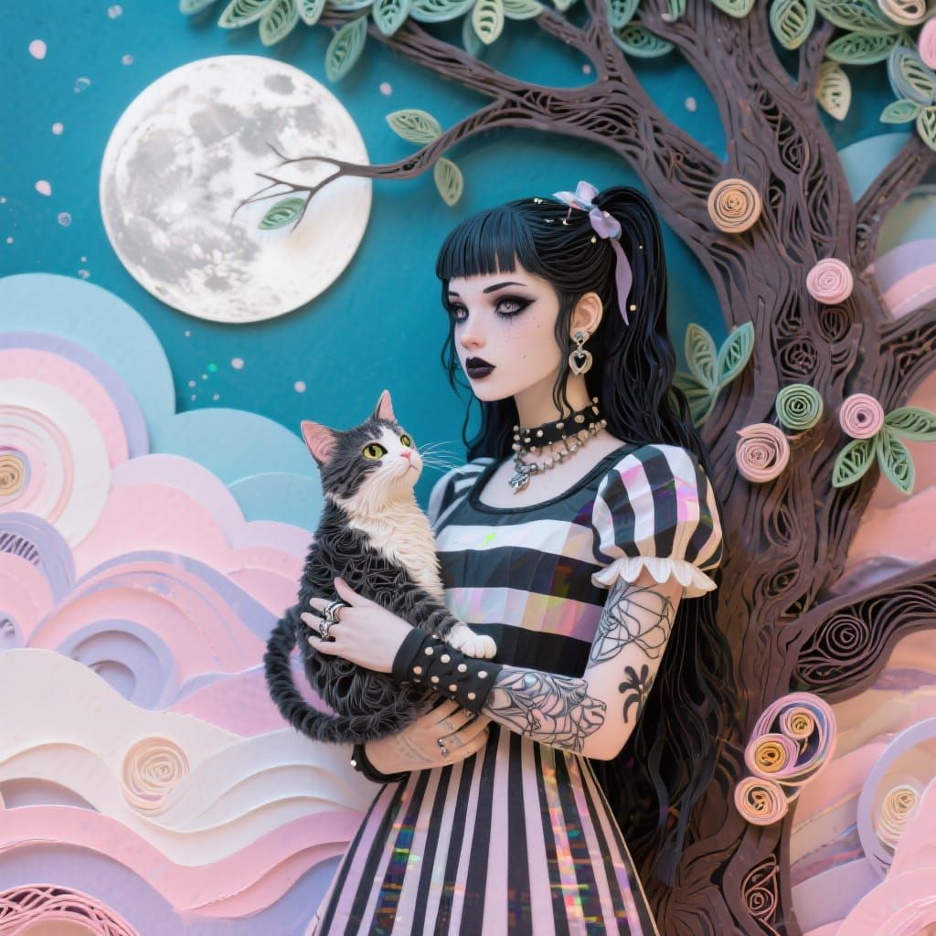 3D bas relief, paper layering, and quilling technique, Goth-punk lady, striped dress, cat, moon, tree, pastel colors, dr...