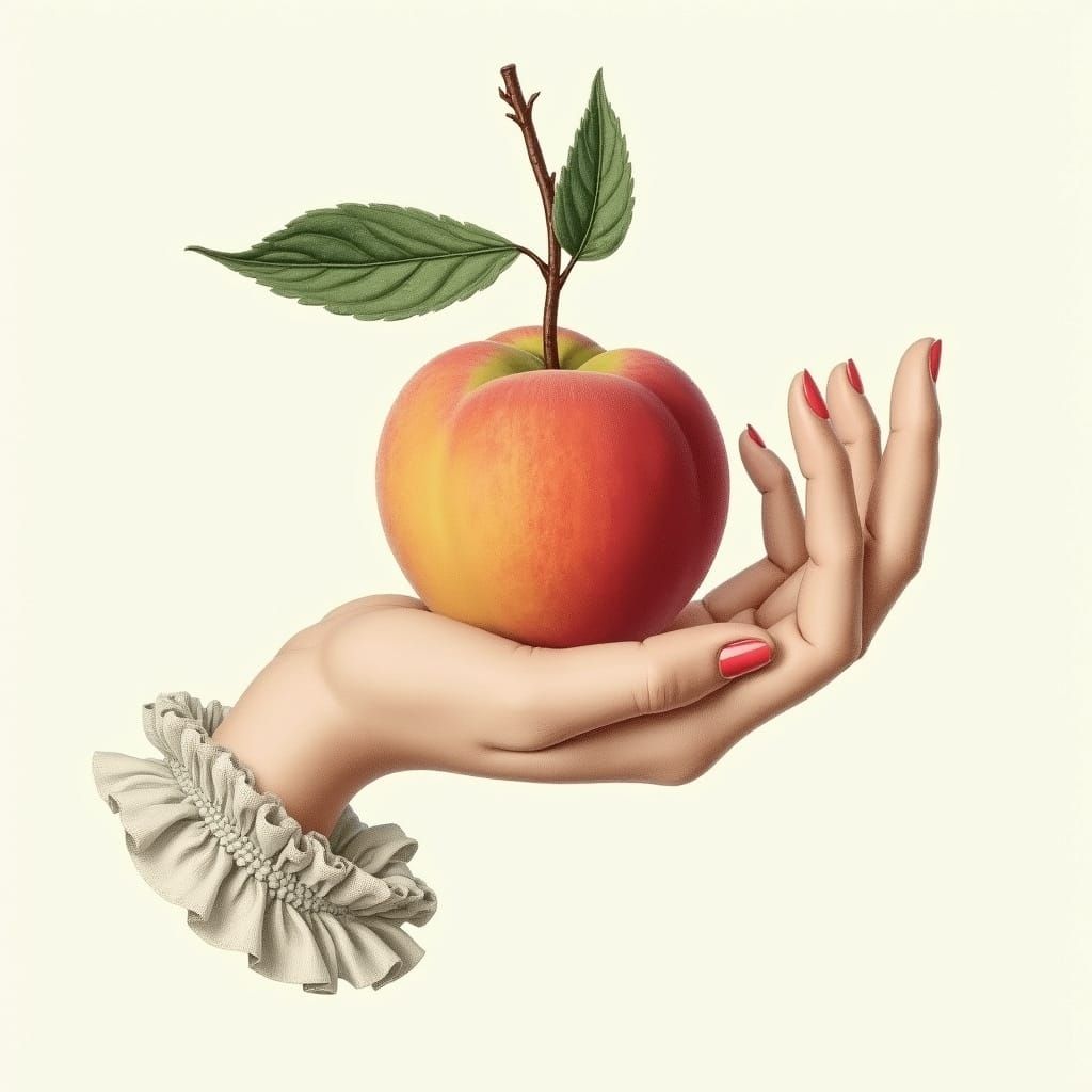 Vintage Botanical Art: Hand Holding Peach with Leaves