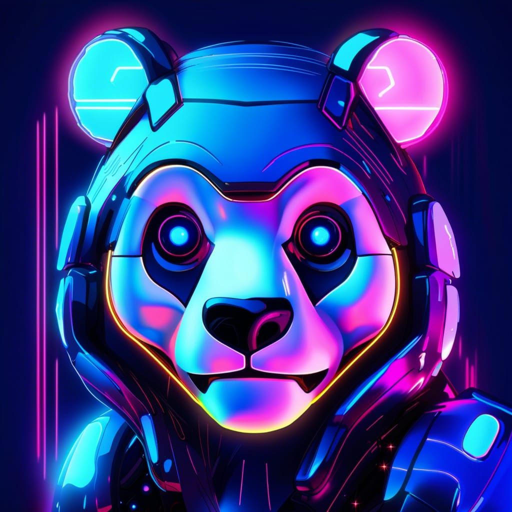 Neon Synthwave Robot Panda with Blue Border