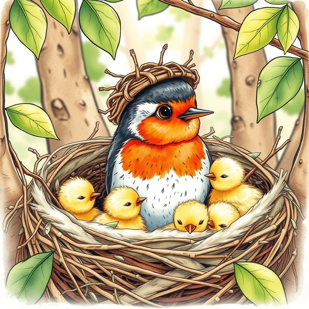 Robin with Chicks in Sunny Forest, Watercolor Illustration