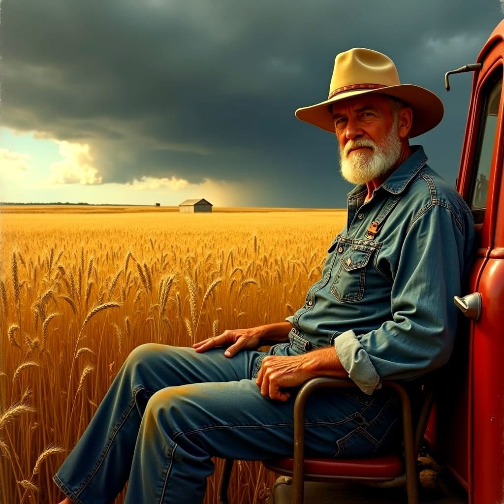 Rustic Farmer Awaits Harvest in Vintage Pickup