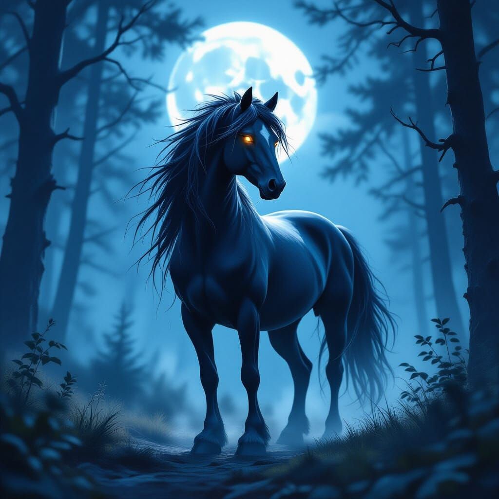Mystical Horse-Wolf Hybrid in Moonlit Forest