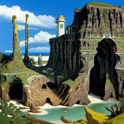 Detailed Beach Scene in Oil Painting Style