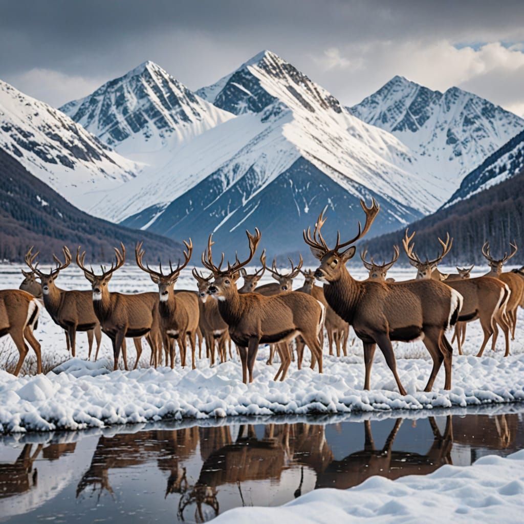 Deer Herd in Snowy Glade with Mountains