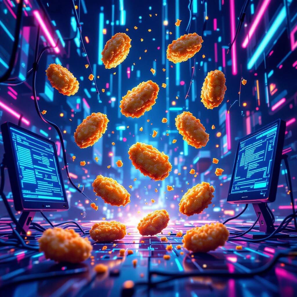 Chicken Nuggets Rain in a Futuristic Cyberpunk Reboot