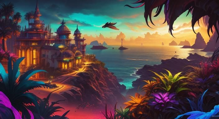 Tropical Cyberpunk Beachside Fortress Splash Art