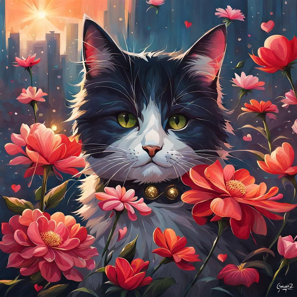 Cat Surrounded by Flowers in Anime Style