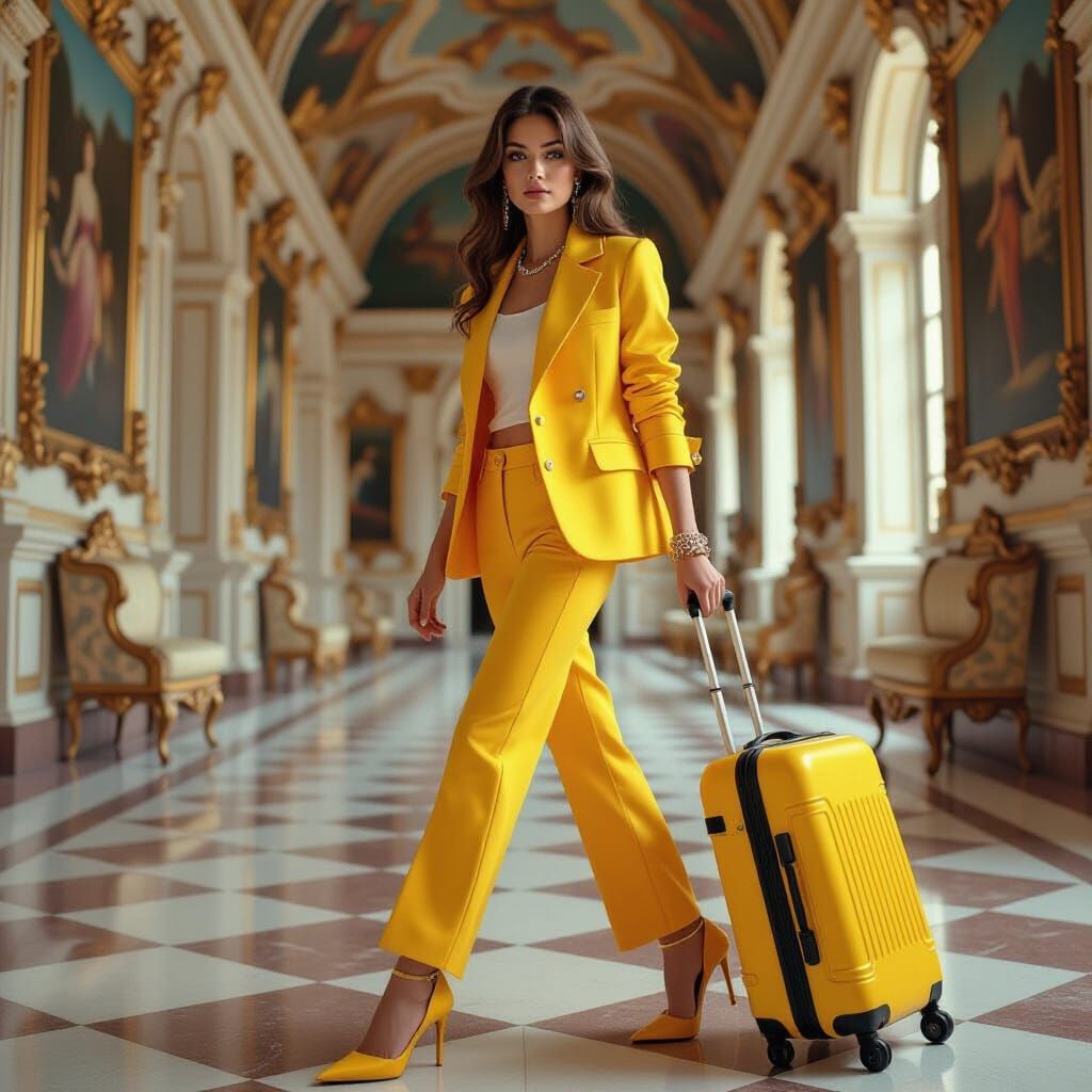 Woman in Yellow in Baroque Castle, Realistic Style