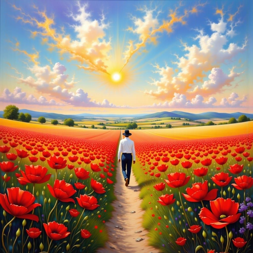 Figure in a Field of Vibrant Red Poppies under Golden Sunlig...