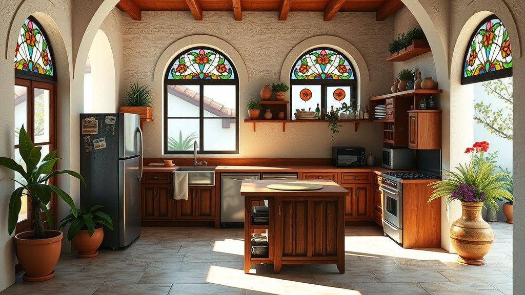 Rustic Mexican Kitchen with Caribbean Colors and Stained Gla...