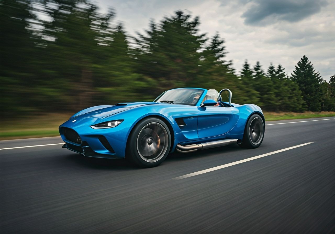 Blue AC Cobra Races Through Spring Forest