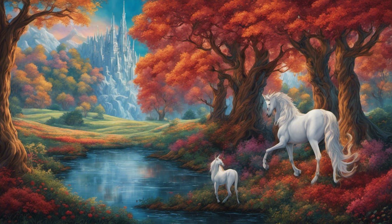 Unicorn Tapestry with Apple Orchard, Ethereal Fantasy Art