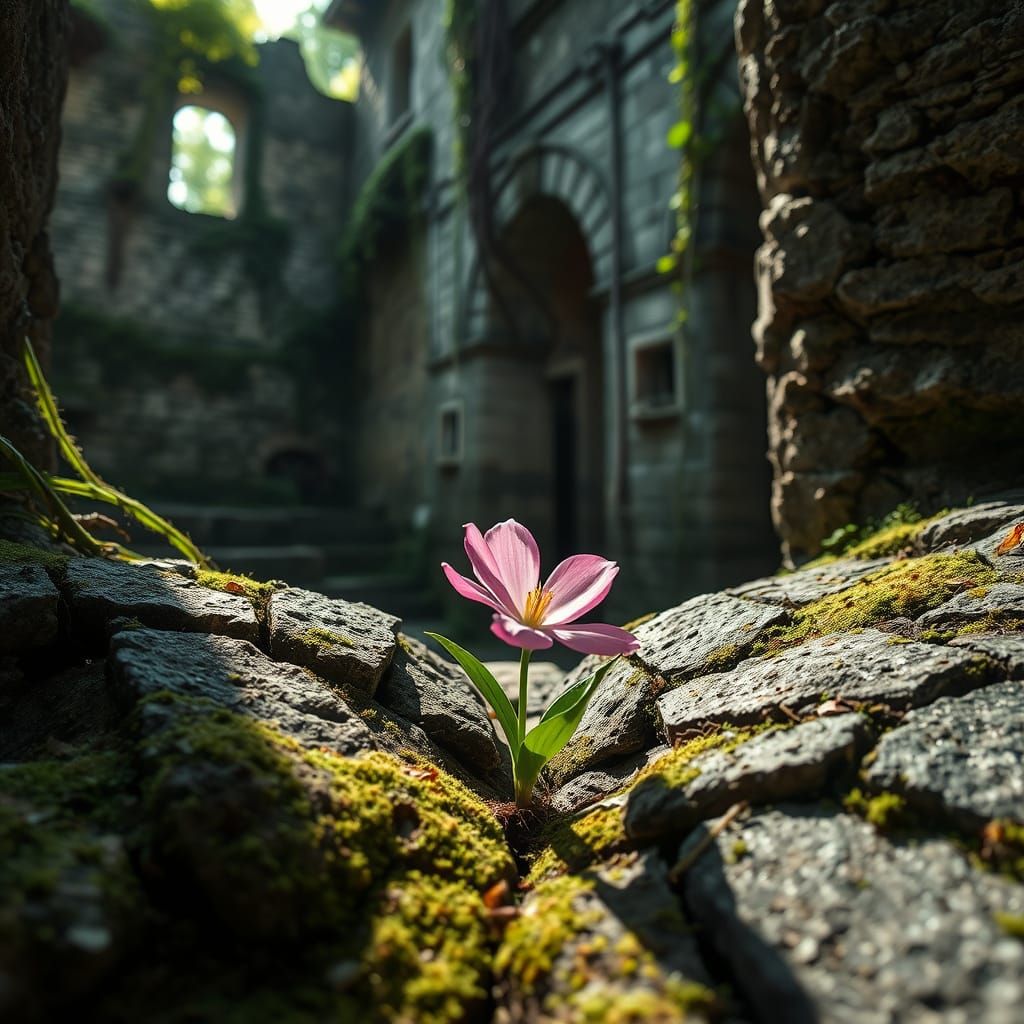 Resilient Pink Flower Blooms in Ancient Ruin
