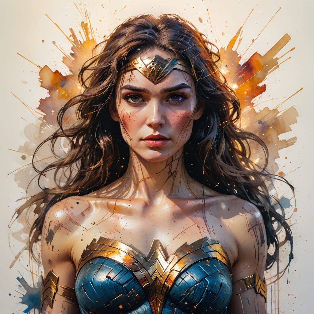 Wonder Woman Portrait in Watercolor and Ink