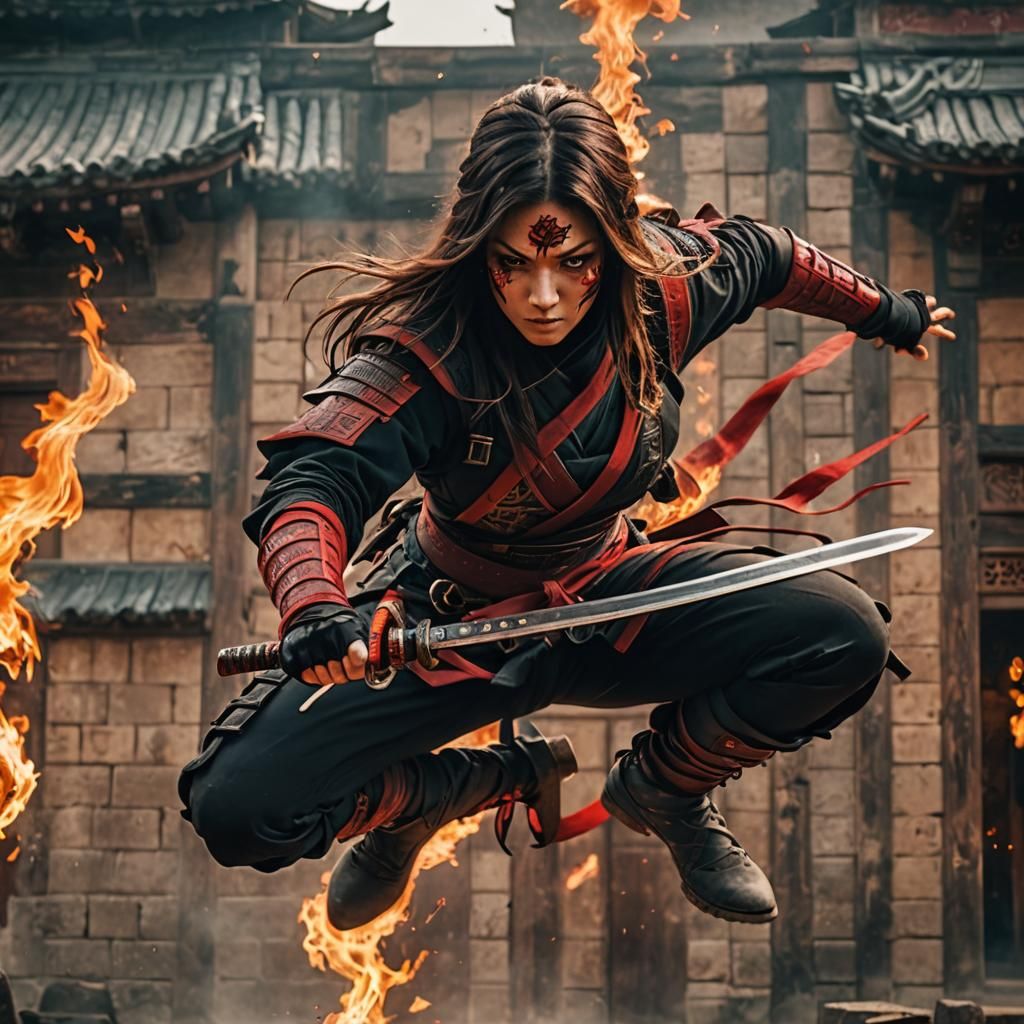 Ninja Woman with Flaming Blade on Temple Roof