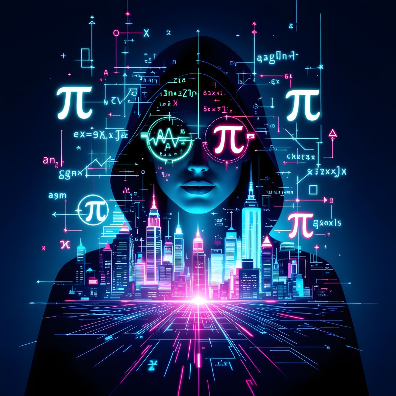 Double Exposure Portrait with Neon Math Cityscape