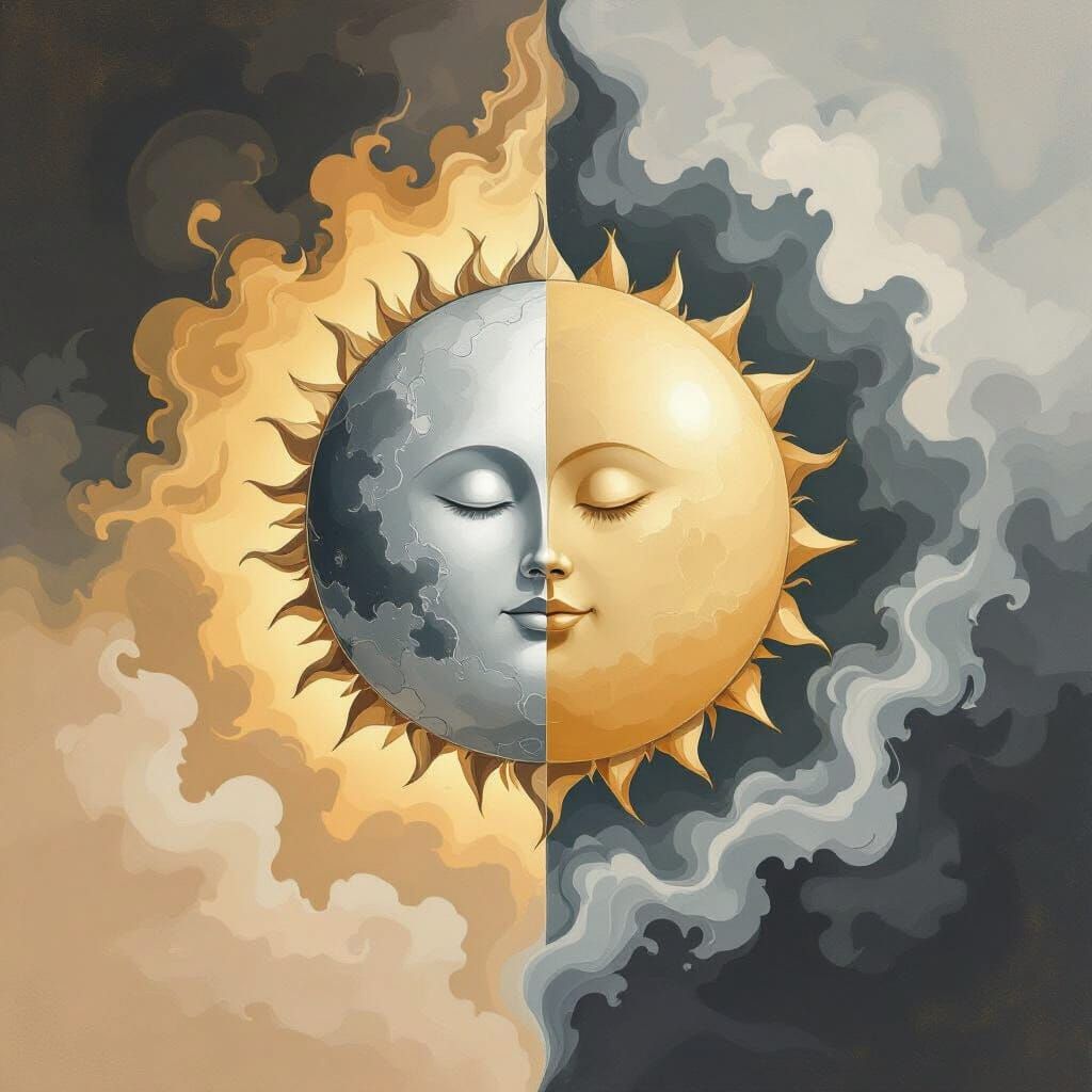 Symbolic Sun and Moon in Elegant Oil Painting Style